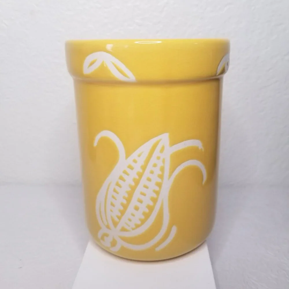 Vintage Yellow Ceramic Rustic Southwest Corn Cob Kitchen Utensil Holder Crock